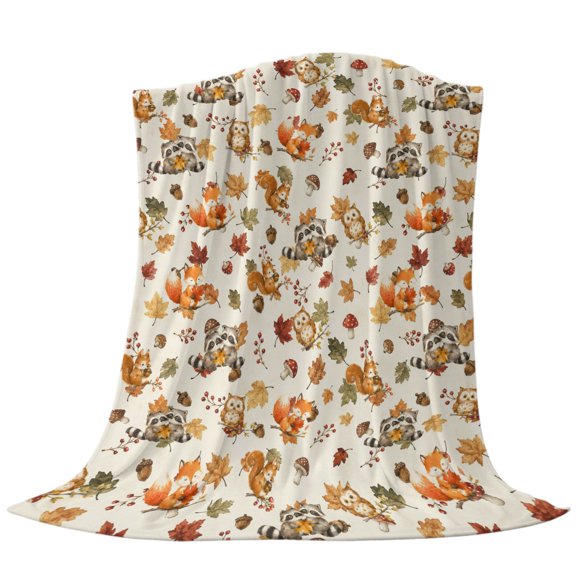 Cute Squirrels Throw Flannel Blanket Fall Joyful Wildlife Oak Leaf Berry Twigs Farmhouse Super Soft Cozy Bed Blanket, Lightweight Plush Fuzzy Bed Throw for Bedroom Sofa Couch Living Room 30x40in
