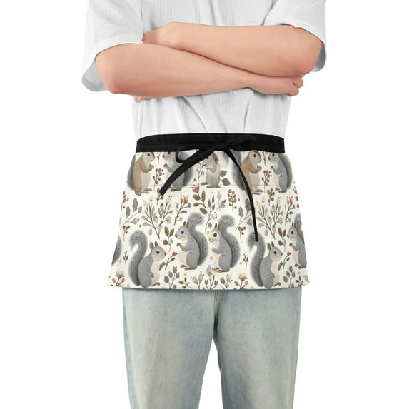 Cute Squirrels with Plant Server Apron with 3 Pockets Waterproof Waitress Waist Short Apron for Man Woman 12 Inches