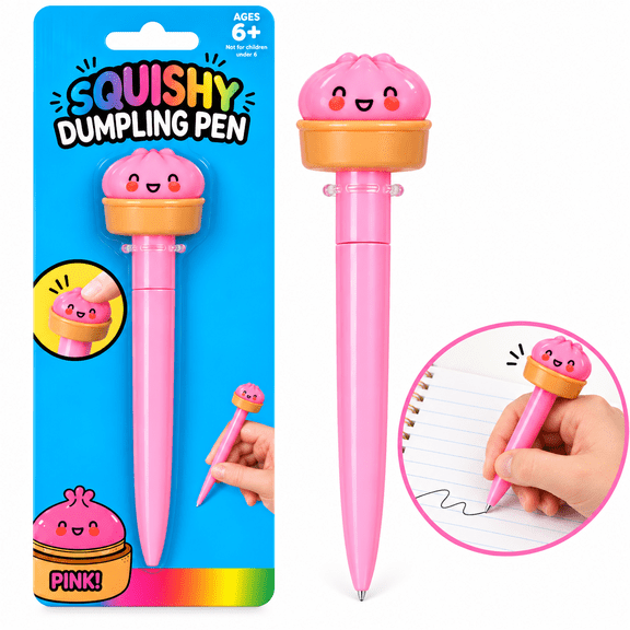 Cute Squishy Dumpling Pen for Kids, Pink Squeeze Fidget Topper Novelty Writing Pen, Kawaii School Desk Accessory, Party Favor & Holiday Gift