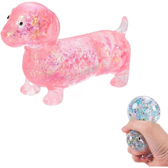 Cute Squishy Weiner Dog, Sparkly Sausage Dog Squishy, 4.3in Mini Rainbow Stretchy Dogs with Face for Adults