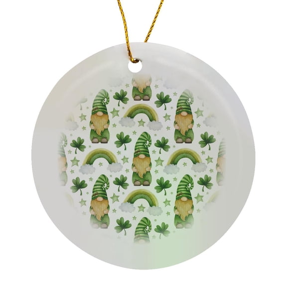 3drose, Cute St Patrick Day Gnomes, Four Leaf Clovers, and Rainbow Pattern, Circle Porcelain Ornament