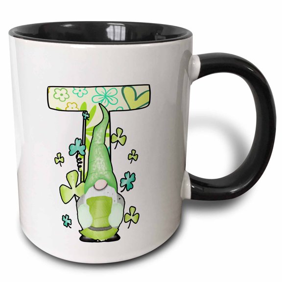 3drose, Cute St Patricks Day Gnome Monogram Initial T, 11oz Two-tone Black Mug