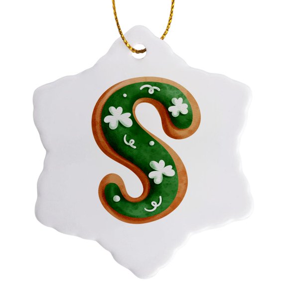 3drose, Cute St Patricks Day Image of Cookie Monogram Initial S, 3 inch Snowflake Porcelain Ornament