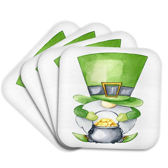 3drose, Cute St Patricks Day Image of Watercolor Gnome with a Bucket of Coins, Set of 4 Coasters - Soft