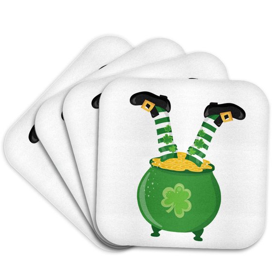 3drose, Cute St Patricks Day Legs Sticking Out of a Bucket of Gold Coins, Set of 4 Coasters - Soft