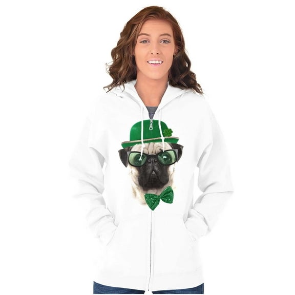 Cute St Pattys Day Leprechaun Pug Zip Hoodie Sweatshirt Women Brisco Brands M