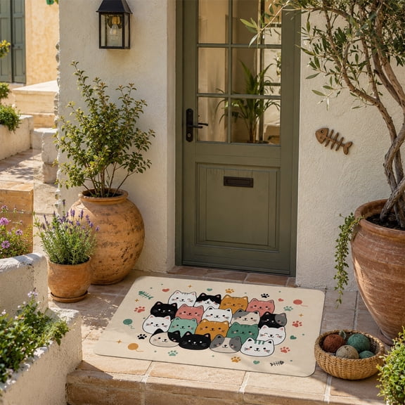 Cute Cat Doormat, Diatomaceous Earth Non-Slip Absorbent Mat, Fast Drying Floor Rug with Kitten Design, Entryway Bathroom Kitchen Decor, 16x24 Inch