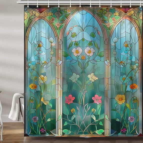 Cute Stained Glass Shower Curtain, Boho Vintage Floral Teal Fabric Shower Curtains Set for Women Girls Bathroom Decorative, Pretty Flowers Restroom Decor Accessories with Hooks 60X72 Inch