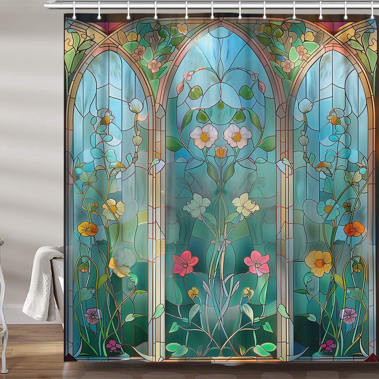 Cute Stained Glass Shower Curtain, Boho Vintage Floral Teal Fabric Shower Curtains Set for Women Girls Bathroom Decorative, Pretty Flowers Restroom Decor Accessories with Hooks 72X84 Inch
