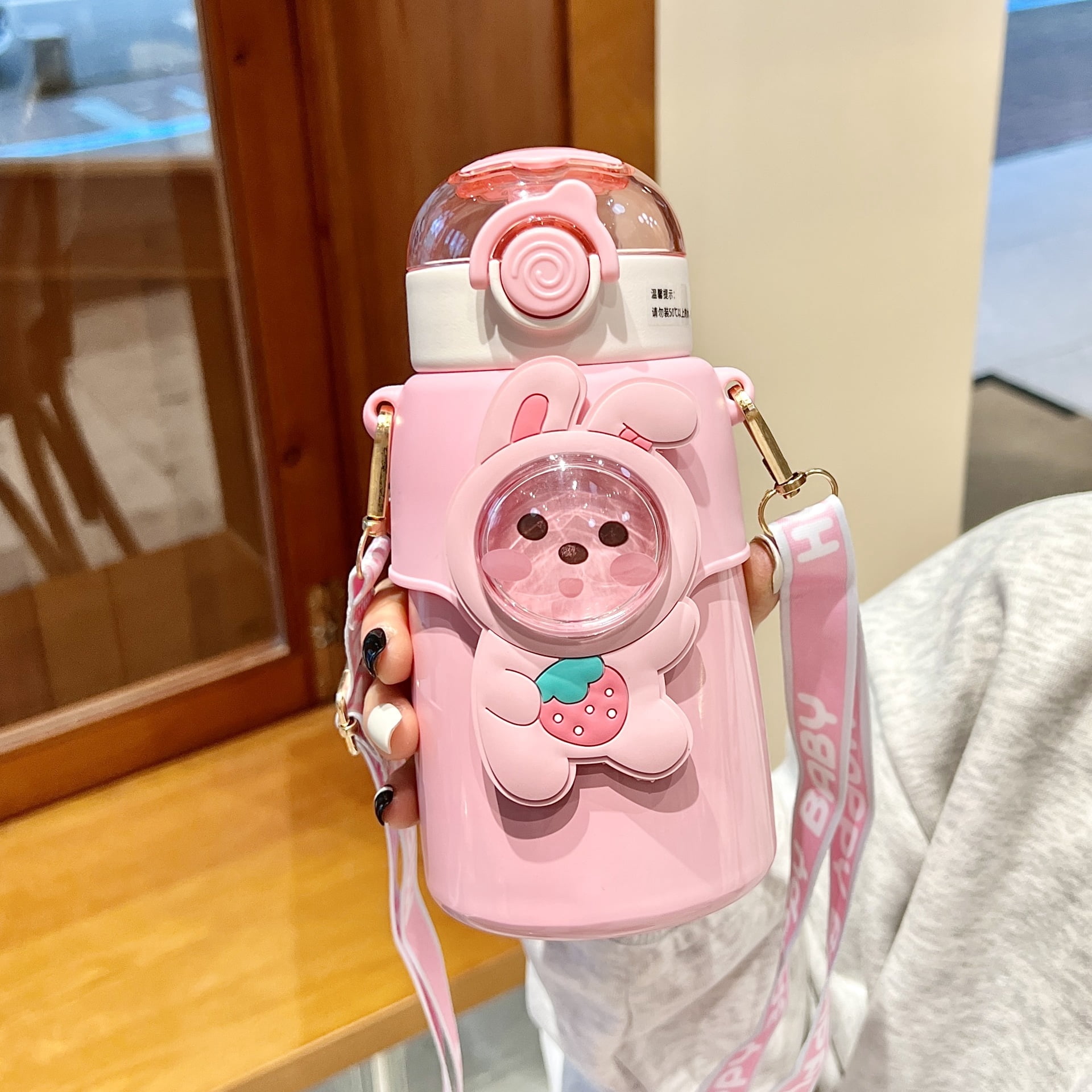 Cute Stainless Steel Water Bottle with Straw and Strap, 17oz Kawaii ...