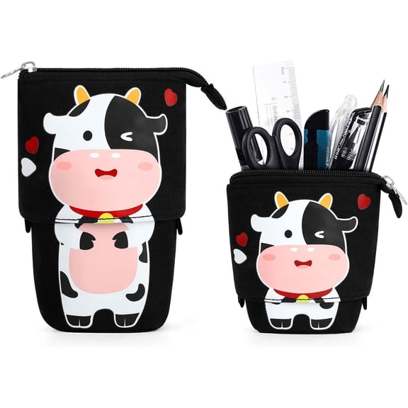 Cute Standing Pencil Case for , Pop Up Pencil Box Makeup Pouch, Christmas Canvas Pen Holder Organizer Bag, Kawaii Stationary ( Cow)