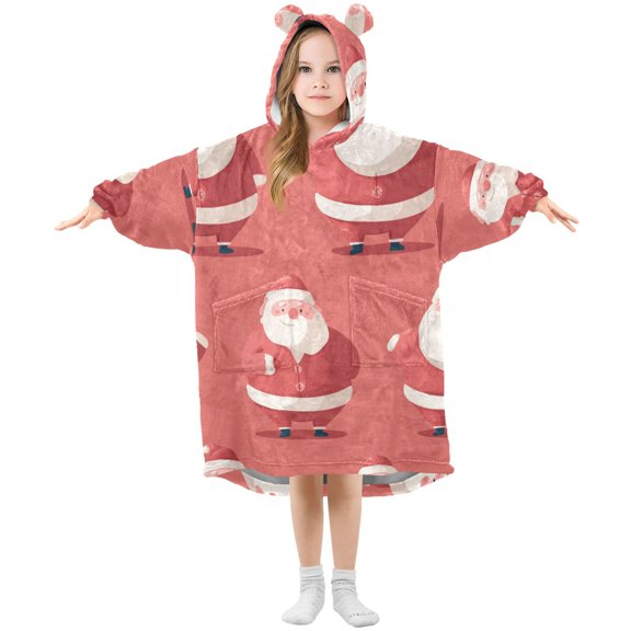 Cute Standing Santas Flannel Wearable Blankets Hooded Design Long Sleeves Wrap Unisex for 3T-14Y S