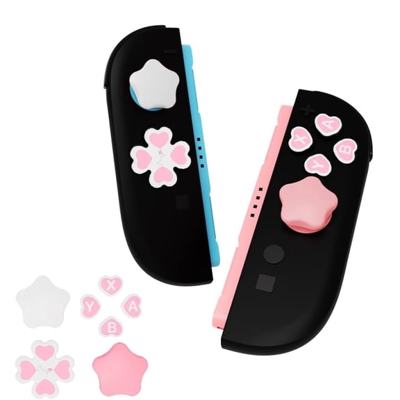 Cute Star 3D Soft Silicone Thumb Grip Caps Button Covers Set for Switch 2, Cross D-Pad & ABXY Button Stickers, Compatible with Nintendo Switch 2 Console, White/Pink