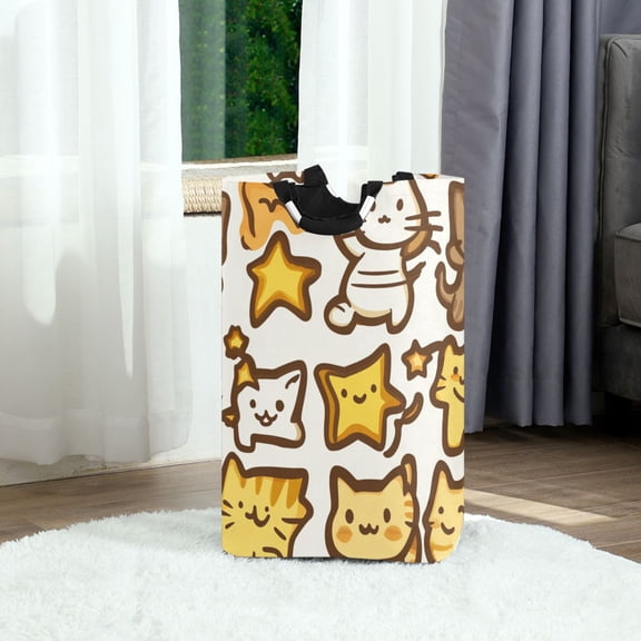Cute Star Cat Foldable Laundry Hamper 12.6x11x22.7in with Handles for Bathroom Bedroom Storage