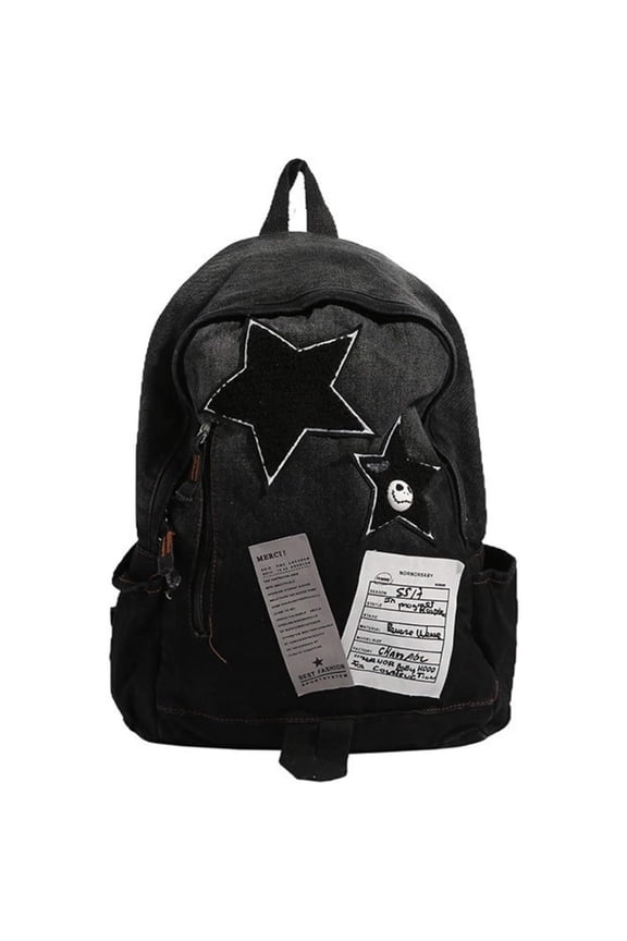 Cute Star Denim Backpack, Grunge Y2K Vintage Fashion Bookbag, Aesthetic Emo 2000s Backpack for Women Men Casual Bag,Black,1