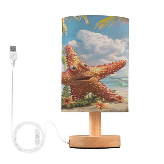 Cute Star Fish Tropical Palm Bedside Table Lamp Desk Warm Lights with USB Charging Port Cylinder LED Lamps for Bedroom Living Room Office