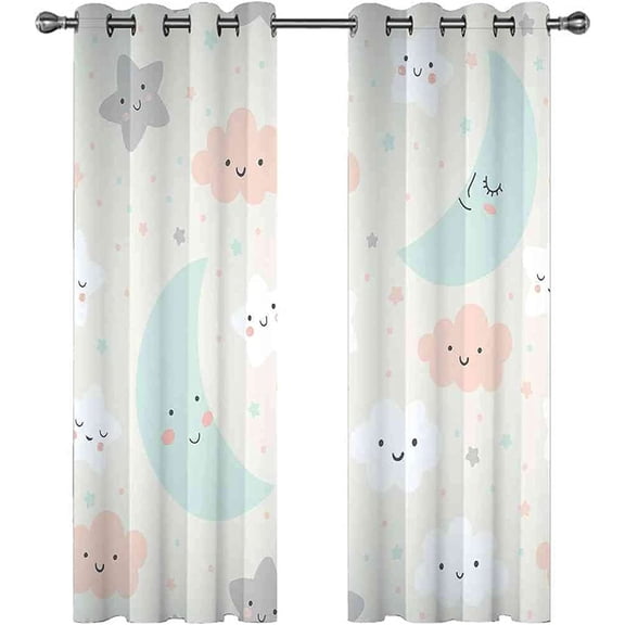 Cute Star Moon Blackout Window Curtain, Cartoon Children Printed Drapes, Darkening Thermal Insulated Drapes for Bedroom Living Room Set of 42"W x 96"L (Pack of 2)