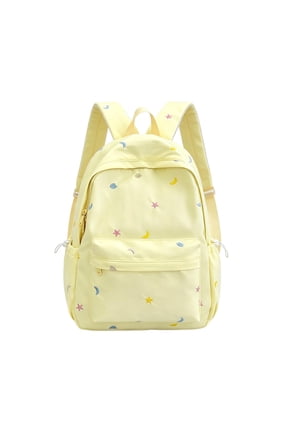 Cute Star Moon Embroidered Backpack, Lightweight Waterproof Nylon Daypack with Laptop Compartment, Pastel Yellow Aesthetic Bookbag for Teens Students, Back to School Gift