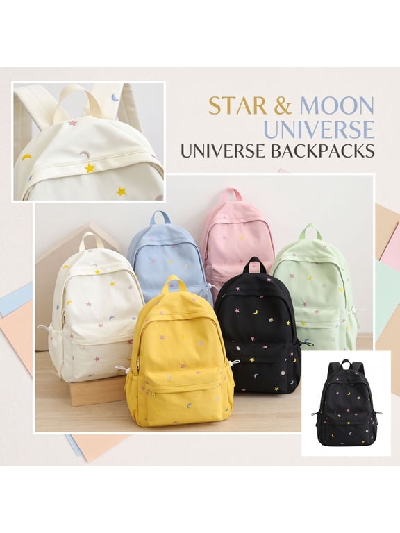 Cute Star Moon Embroidered Backpack, Lightweight Waterproof Nylon Daypack for Teens Students, Large Capacity Bookbag with Padded Straps, Black Aesthetic School Bag for High School College