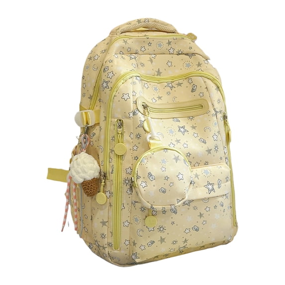 Cute Star Moon Print School Backpack Large Capacity Lightweight Travel Daypack for Teen Girls College Students Commute Daily Use with Pendant (Yellow)