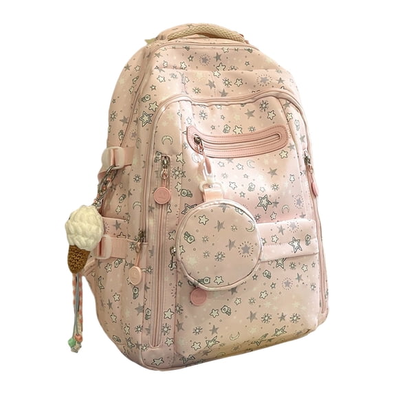 Cute Star Moon Print School Backpack Large Capacity Lightweight Travel Daypack for Teen Girls College Students Commute Daily Use with Pendant (Pink)