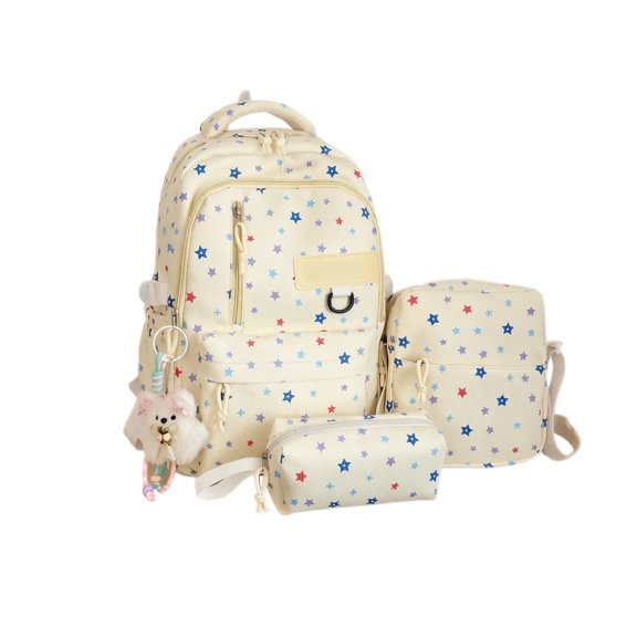 Cute Star Print Backpack Set for Girls, 3 Piece School Bag with Lunch Box & Pencil Case, Large Capacity Oxford Cloth Bookbag for Teens Middle High School Student
