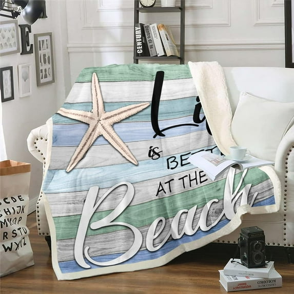 Cute Starfish Throw Blanket for Camping Travel Sea Ocean Themed Fleece Blanket Twin Size Coastal Sealife Sherpa Blanket,Vintage Rustic Farmhouse Decor Colorful Stripe Bedroom Decor
