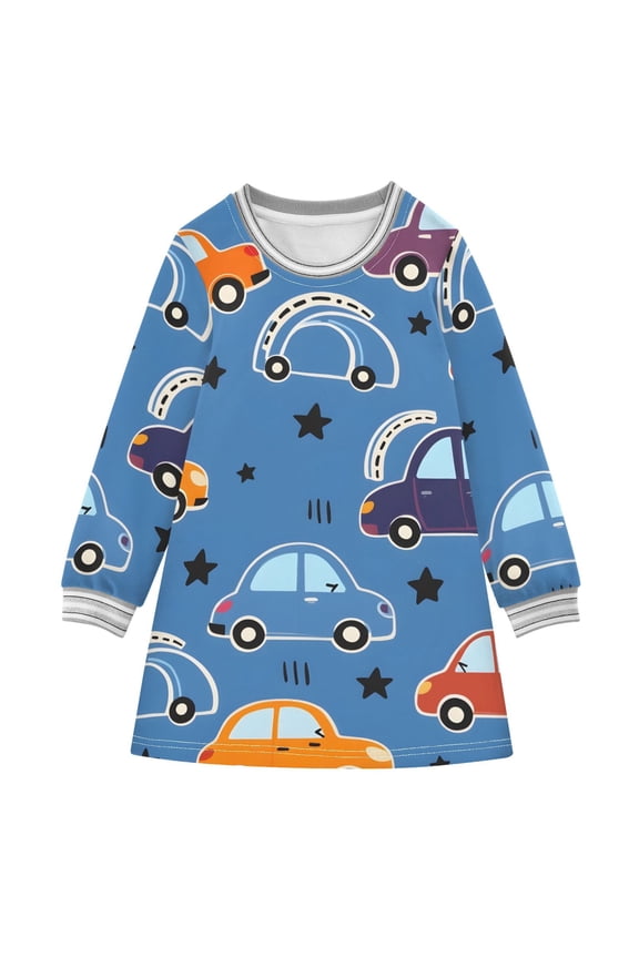Cute Stars Cars Long-sleeved Dress A-line One-Piece Dress for 2-8 Years Casual Party 2T