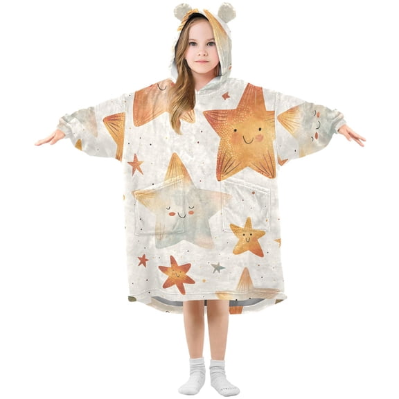 Cute Stars Flannel Wearable Blankets Hooded Design Long Sleeves Wrap Unisex for 3T-14Y S