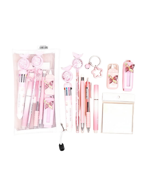 Cute Stationery Set, 10PCS School Supplies Office Supplies Including Pens Note, Eraser Pencil Highlighter Correction Tape Keychain Pink