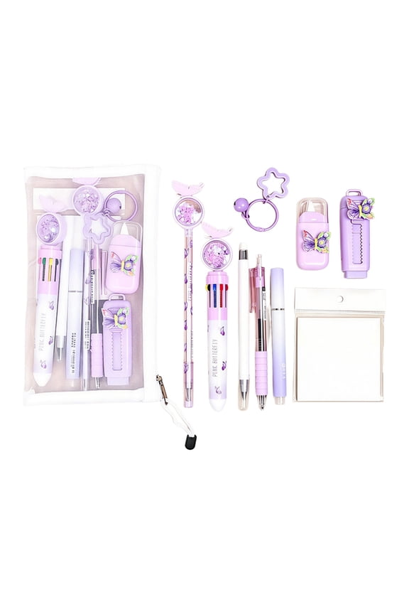 Cute Stationery Set, 10PCS School Supplies Office Supplies Including Pens Note, Eraser Pencil Highlighter Correction Tape Keychain Purple