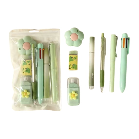 Cute Stationery Set, Kawaii Office Supplies Including Ballpoint Pens Pencil Sharpener Highlighter Correction Tape Eraser Utility Knife 7 Pcs Green