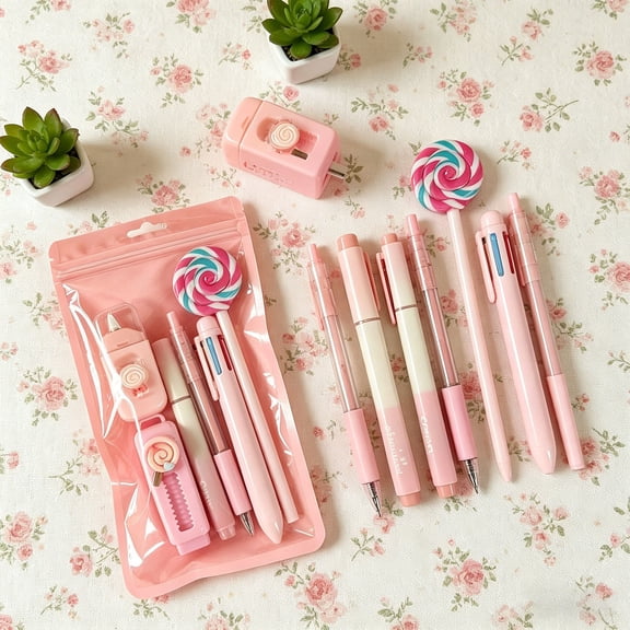 Cute Stationery Set Kawaii Office Supplies Including Ballpoint Pens Pencil Sharpener Highlighter Correction Tape Ruler Utility Knife, Classroom Must Haves, Pink