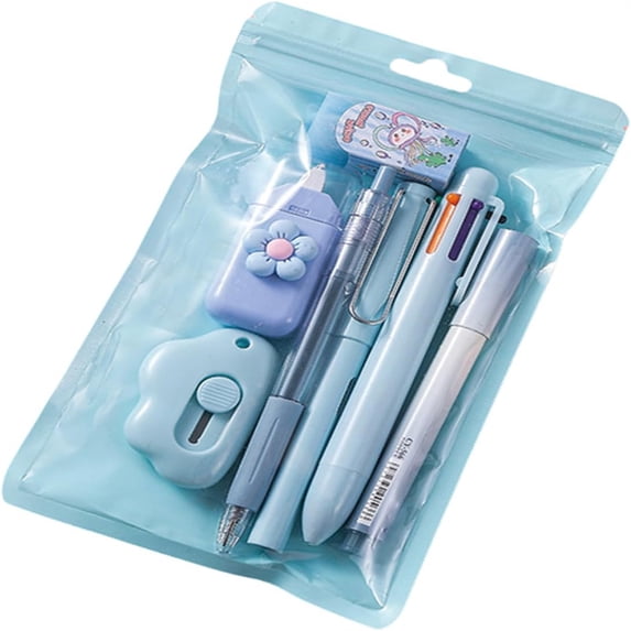 Cute Stationery Set School Supplies with 1 Six In One Ballpoint Pen, 1 Retractable Ballpoint Pen, 1 Permanent Pencil, 1 Highlighter, 1 Eraser, 1 Correction Tape, 1 Art Knife Blue One Size