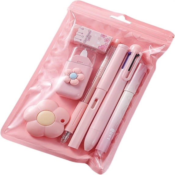 Cute Stationery Set School Supplies with 1 Six In One Ballpoint Pen, 1 Retractable Ballpoint Pen, 1 Permanent Pencil, 1 Highlighter, 1 Eraser, 1 Correction Tape, 1 Art Knife Pink One Size