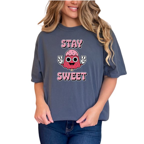 Cute Stay Sweet Graphic T-Shirt, Fun Summer Tee, Peace Sign Ice Cream Shirt, Cute Food Graphic Tee, Trendy Casual T-Shirt, Gift for Teens, Denim Comfort Colors T-Shirt, Medium