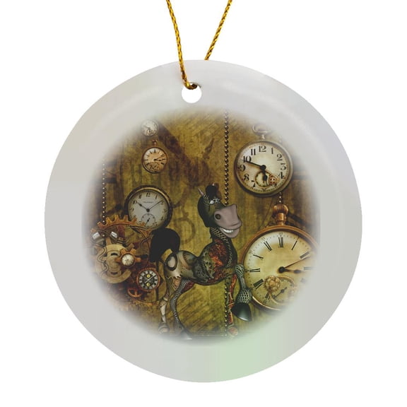 3drose, Cute Steampunk Horse Clocks and Gears, Circle Porcelain Ornament
