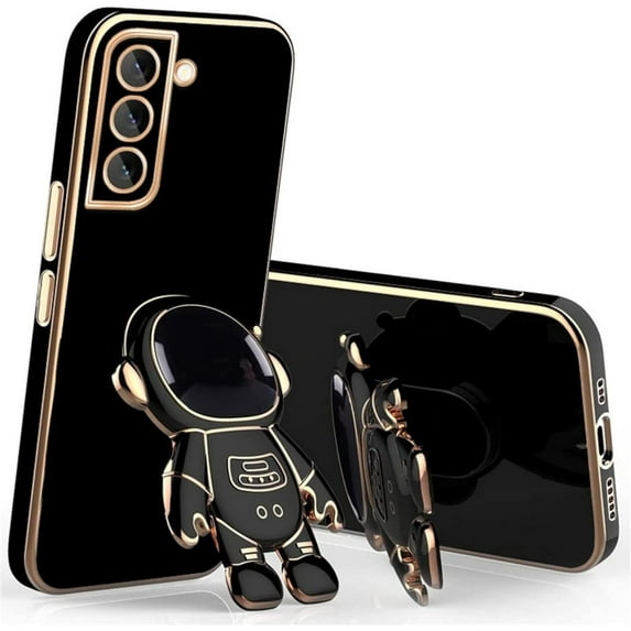 Cute Stereo Astronaut Stand Phone Case for Samsung Galaxy S22 S21 S20 Ultra Plus FE S10, Lens Protection Fashion Back Cover(Black,S21)