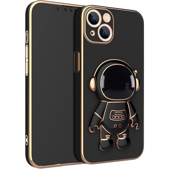 Cute Stereo Astronaut Stand Phone Case for iPhone 13 12 11 Pro Max Mini X XS XR 7 8 Plus, Lens Protection Stylish Back Cover(Black,13 Pro Max)