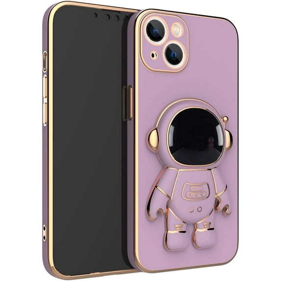 Cute Stereo Astronaut Stand Phone Case for iPhone 13 12 11 Pro Max Mini X XS XR 7 8 Plus, Lens Protection Stylish Back Cover(Purple,13)