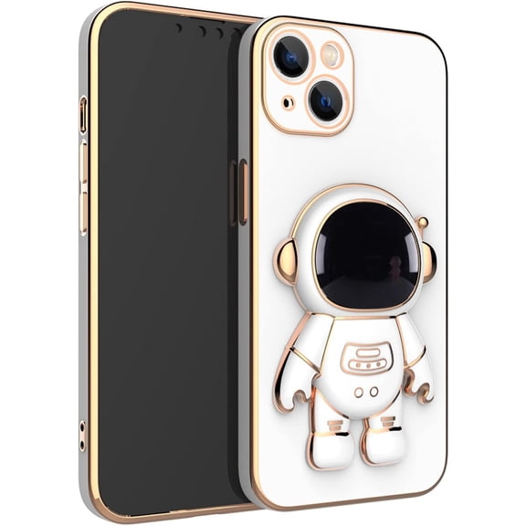 Cute Stereo Astronaut Stand Phone Case for iPhone 13 12 11 Pro Max Mini X XS XR SE 8 7 6 Plus, Lens Protection Fashion Back Cover(White,13 Mini)