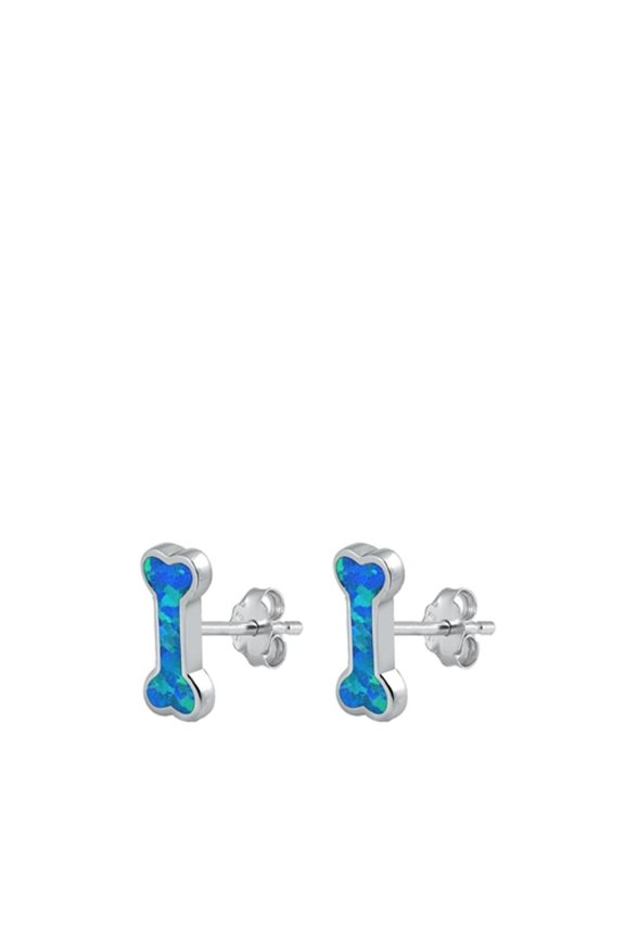 Cute Sterling Silver Dog Bone Blue Simulated Opal Stud High Polished Earrings 925 New Jewelry Female