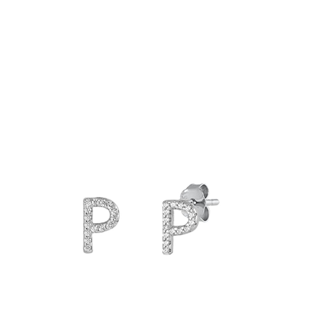 Cute Sterling Silver Wholesale Block Letter P Initial Clear CZ Earrings 925 New Jewelry Female