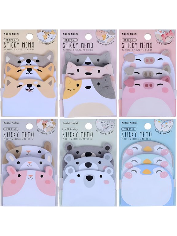 Cute Sticky Notes,Cartoon Sticky Notes Animals Shape,Self-Stick Memo Pads Tab Supplies,6 Pack 270 Sheets,10.5x6.5cm,Multicolor