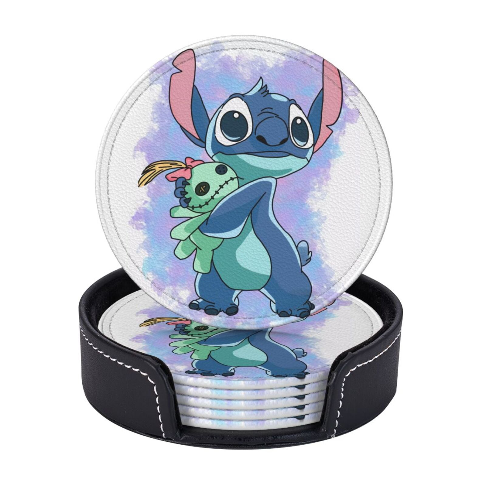 Cute Stitch 6 Pcs Microfiber Pu Leather Coasters For Drinks With Holder