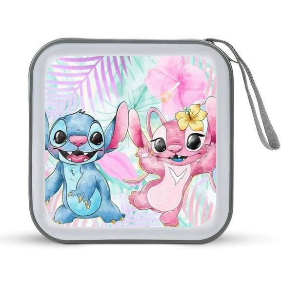 Cute Stitch with Flowers 40 Capacity CD Cases, Large DVD/VCD Storage Box, Portable Zipper Bag with Handle, for Car, Home, Office, Games Disc, Audio Music