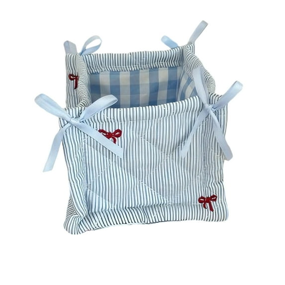 Cute Storage Basket Fabric Toy Organizer-Bow Preppy Desktop Storage Box Quilted Folding Storage for Gifts Home Decor Cute Storage Basket Desk Organizer for Home 5.5x5.5x5.7Inch