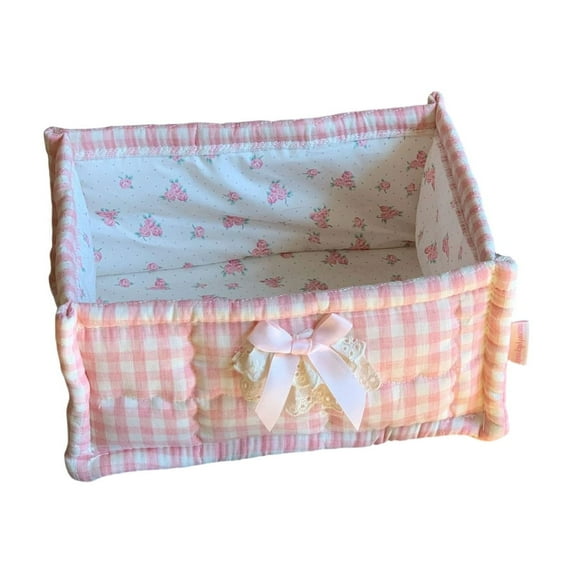 Cute Storage Basket Pleated Quilted Desktop Organizer Bow Preppy Storage Box for Gifts Home Decoration