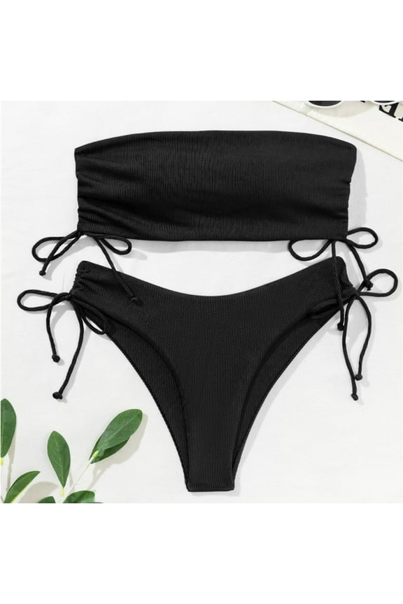 Cute Strapless Rib Bikini Women Low Waist Swimsuit 2piece Tube Top Briefs Solid Color Bathing Suit Green Coffee Pink Black White