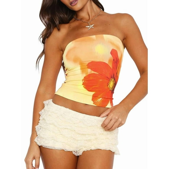 Cute Strapless Tube Tops for Women Y2K Floral Bandeau Crop Top Teen Girls 2025 Summer Trendy Going Out Tops Yellow L
